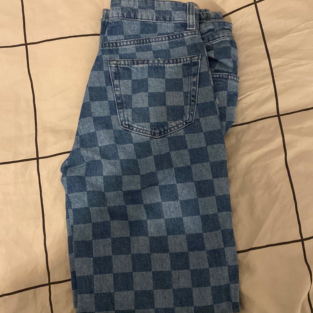 Straight High Checkered Denim Jeans